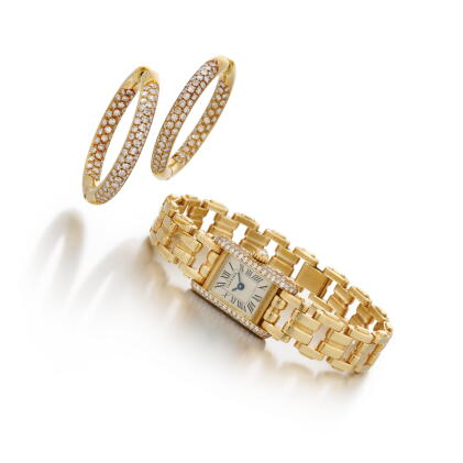 Catalog image of Cartier, diamond wristwatch and a pair of diamond earrings (Orologio da polso i…