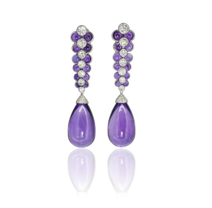 Catalog image of pair of amethyst and diamond pendent earrings, michele della valle
