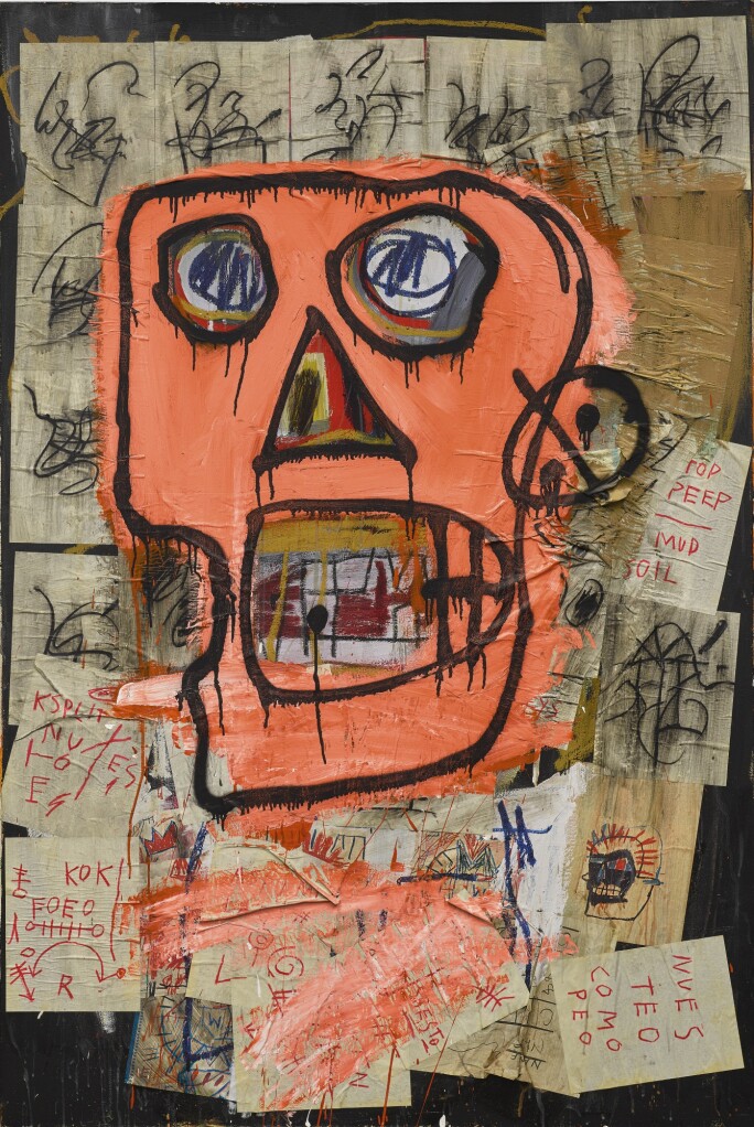 Image of a bright orange skull rendered in a graffiti style. By Jean-Michel Basquiat.