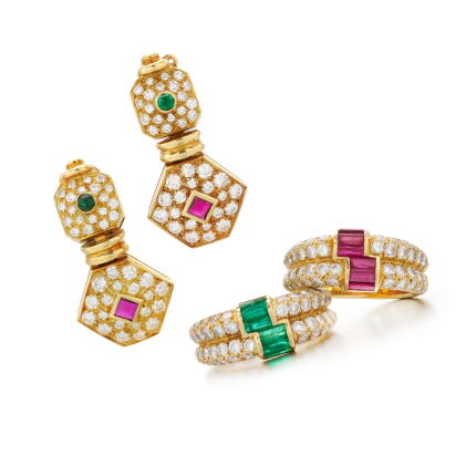 Catalog image of Van Cleef & Arpels, Pair of emerald, ruby and diamond pendant ear clips and two…