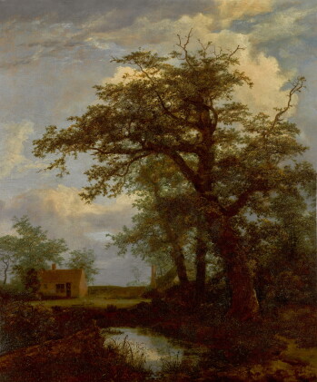Catalog image of A wooded landscape with an oak tree, pond and houses beyond