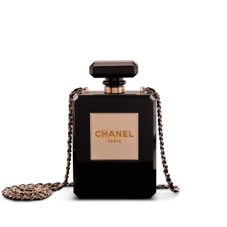 View 1 of Lot 85: Black Plexiglass No. 5 Perfume Bottle Minaudière Pale Gold Hardware, 2013-2014