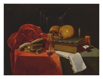 Catalog image of vanitas still life with books, skulls, music, an hourglass, a frame, and other …