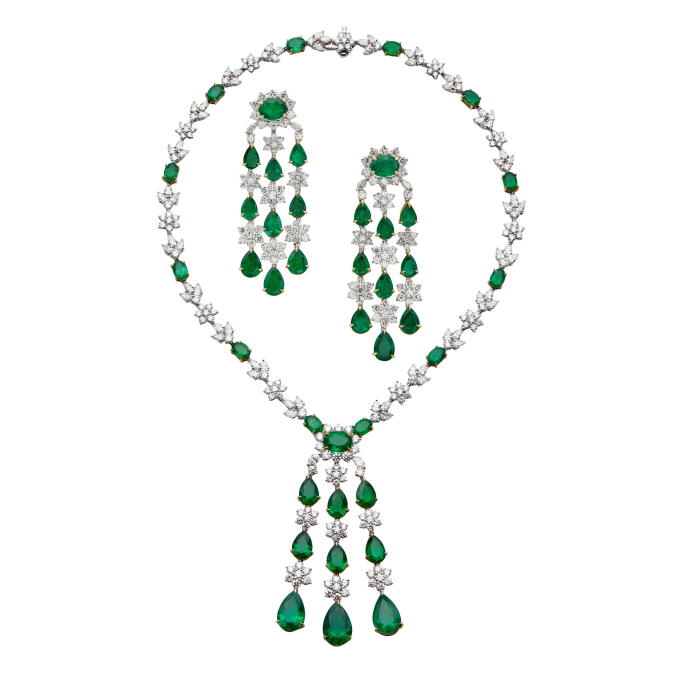 Zambian Emerald and Diamond Earring and Necklace Set