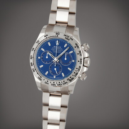 Catalog image of Daytona, Reference 116509 | A white gold chronograph wristwatch with bracelet |…