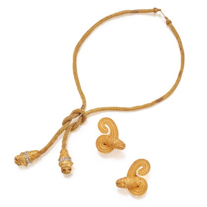 Catalog image of lalaounis | pair of gold earclips || gold and gem-set necklace
