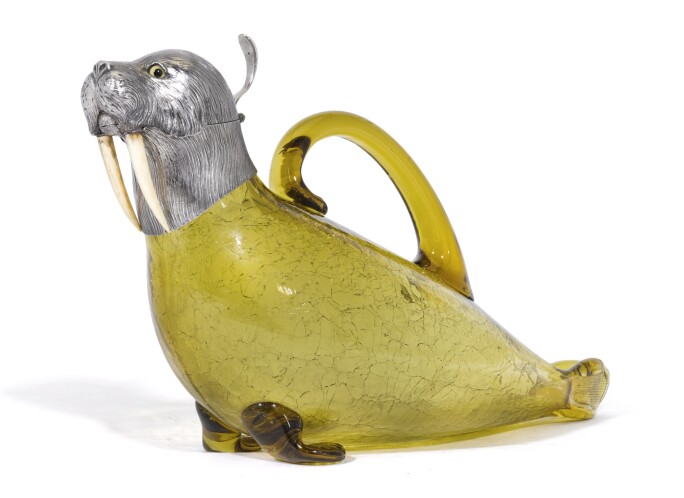 A rare Victorian silver mounted crackle-glass Walrus claret jug, maker's mark of Samson Mordan & Co. probably overstriking that of Alexander Crichton, London, 1883.