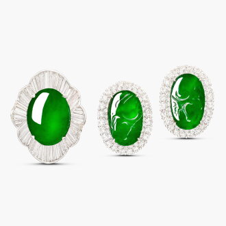 View 1 of Lot 1793: Jadeite and Diamond Ring and Pair of Earrings | 天然翡翠 配 鑽石 戒指 及 耳環 一對