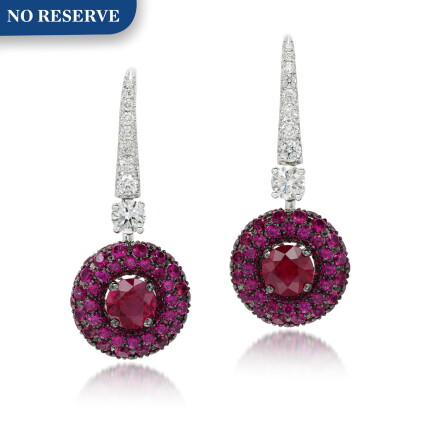Catalog image of graff | pair of ruby and diamond earrings, 'bombé halo'