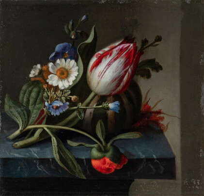 Catalog image of Still life of a tulip and other flowers with a melon upon a ledge《靜物：臺上的一枝鬱金香、鮮花與瓜》