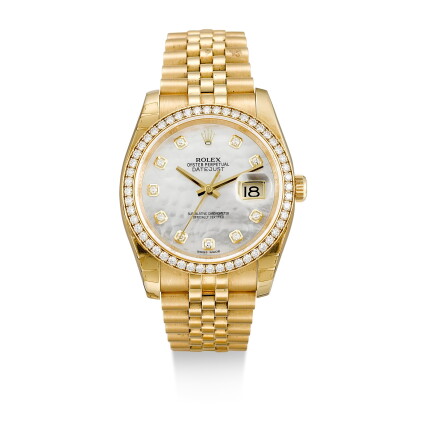 Catalog image of rolex | datejust, reference 116238, a yellow gold and diamond-set wristwatch wi…
