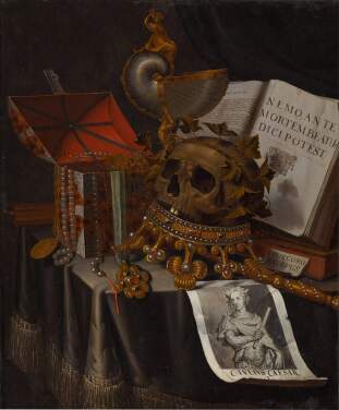 View 1 of Lot 70: Vanitas still life with a laurelled skull upon an inverted crown