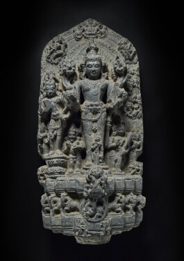 View 1 of Lot 843: A black stone stele depicting Surya, India, Pala period, 12th century