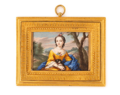 Catalog image of Portrait of a lady holding her dog, circa 1750