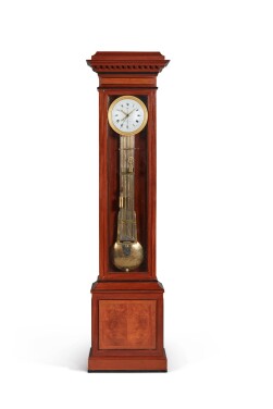 View 1 of Lot 139: A Late Louis XVI Mahogany and Ebony Quarter-Striking Longcase Regulator with Remontoire, Year Calendar and Equation of Time, Circa 1790