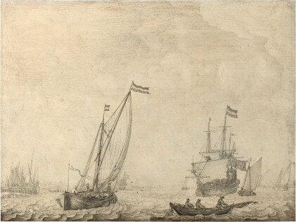 Catalog image of A coastal scene with a three-master, a kaag on a broad reach and other small ve…