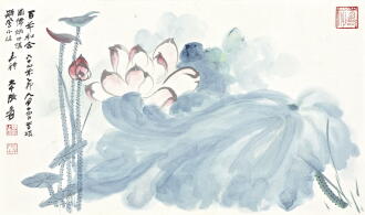 View 1 of Lot 2570: 張大千　百年和合 | Chang Dai-chien (Zhang Daqian), Lotus in the Wind