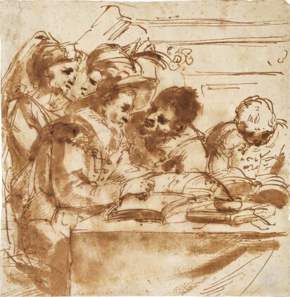 Catalog image of giovanni antonio burrini | a group of figures at a table reading books