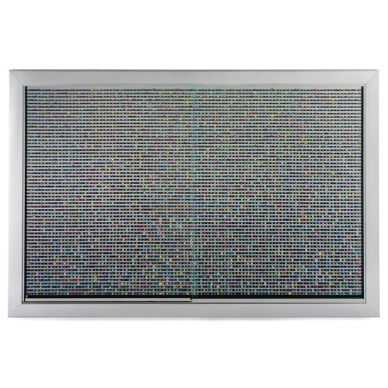 A wide steel and glass wall cabinet holding thin shelves lined with thousands of small painted pills