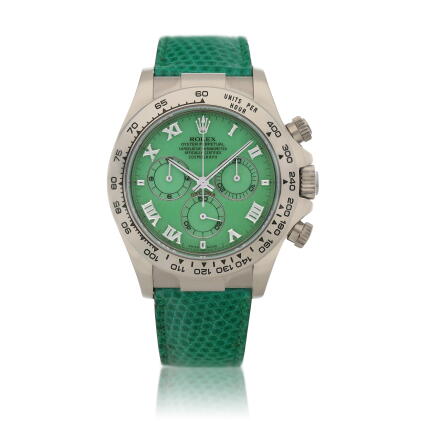 Catalog image of 'Beach' Daytona, Ref. 116519 White gold chronograph wristwatch with green chalc…
