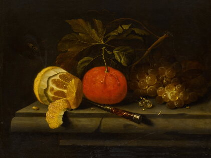 Catalog image of Still life with an orange, grapes and a peeled lemon on a stone ledge