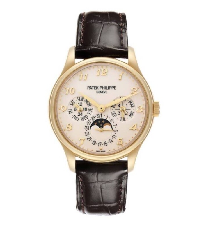 Patek Philippe Grand Complications Reference 5327J, 39mm yellow gold automatic wristwatch with perpetual calendar, moon phase, date, day, month, leap year, and dual time functions.