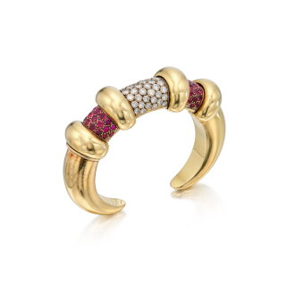 View 1 of Lot 155: A Gold, Silver, Ruby and Diamond Cuff-Bracelet