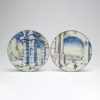 View 1 of Lot 250: Two Pavia maiolica dishes painted by Siro Antonio Africa and/or Siro Domenico Africa, workshop of Carlo Giuseppe Rampini, circa 1688-1710