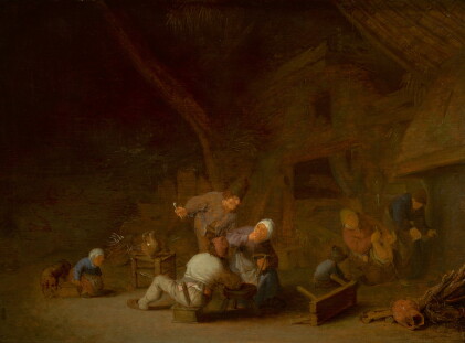 Catalog image of interior of a barn with peasants carousing ('the sense of smell')