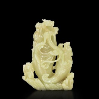 View 1 of Lot 422: A yellow jade 'carp and dragon' double vase, Qing dynasty, 18th century 清十八世紀 黃玉魚龍形雙聯花插