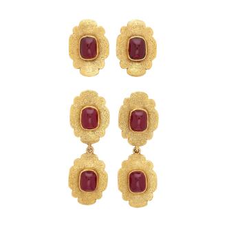 View 1 of Lot 38: Set of Two Vintage Red Gripoix and Gold Plated Brass Clip On Earrings, 1980s and Vintage Red Gripoix and Gold Plated Brass Drop Clip On Earrings, 1980s