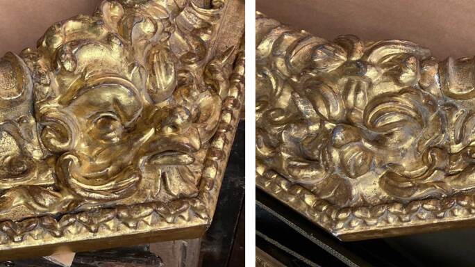 Figs. 7–8 Details of the masks from ‘La Pescatrice’: a birdlike dolphin (left) and a lion (right)