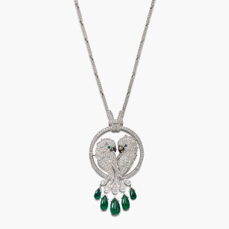 View 1 of Lot 1685: Emerald, Mother-of-Pearl, Sapphire and Diamond ‘Les Oiseaux Libérés’ Pendent Necklace | 卡地亞 | 祖母綠 配 貝母 配 藍寶石 及 鑽石 ‘Les Oiseaux Libérés’ 項鏈