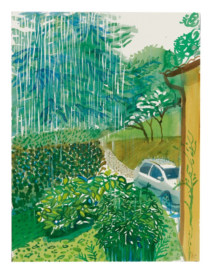 綠色水彩畫,車道上有一架私家車,路旁覆滿樹木與草叢,畫面最側面隱約可見一所湖畔小屋