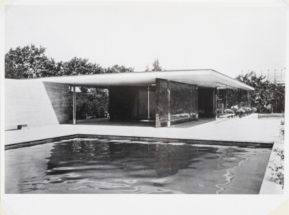 Catalog image of Mies van der Rohe. Barcelona Pavillon. View over the pool from north east., 1929