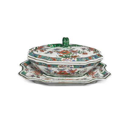 Catalog image of A Chinese Export Famille-Verte 'Rouen Faience' Tureen, Cover and Stand, Qing Dy…