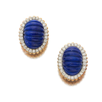 Catalog image of Pair of Lapis Lazuli and Diamond Earclips