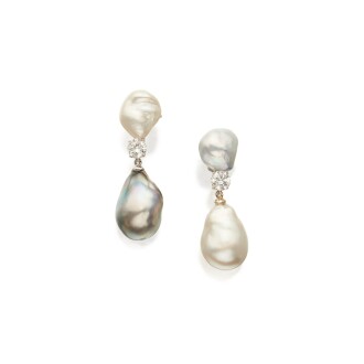 View 1 of Lot 341: Pair of Baroque Cultured Pearl and Diamond Pendant-Earclips