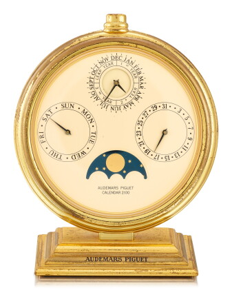 Catalog image of audemars piguet | calendar 2100 a gilt brass desk perpetual calendar with moon-…