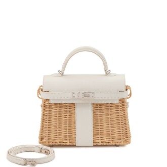 View 1 of Lot 121: Limited Edition White Swift and Osier Wicker Mini Kelly II 20 Picnic Palladium Hardware, 2021