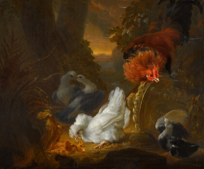 Catalog image of abraham busschop | a hen, cockerel and pigeons in a wooded landscape
