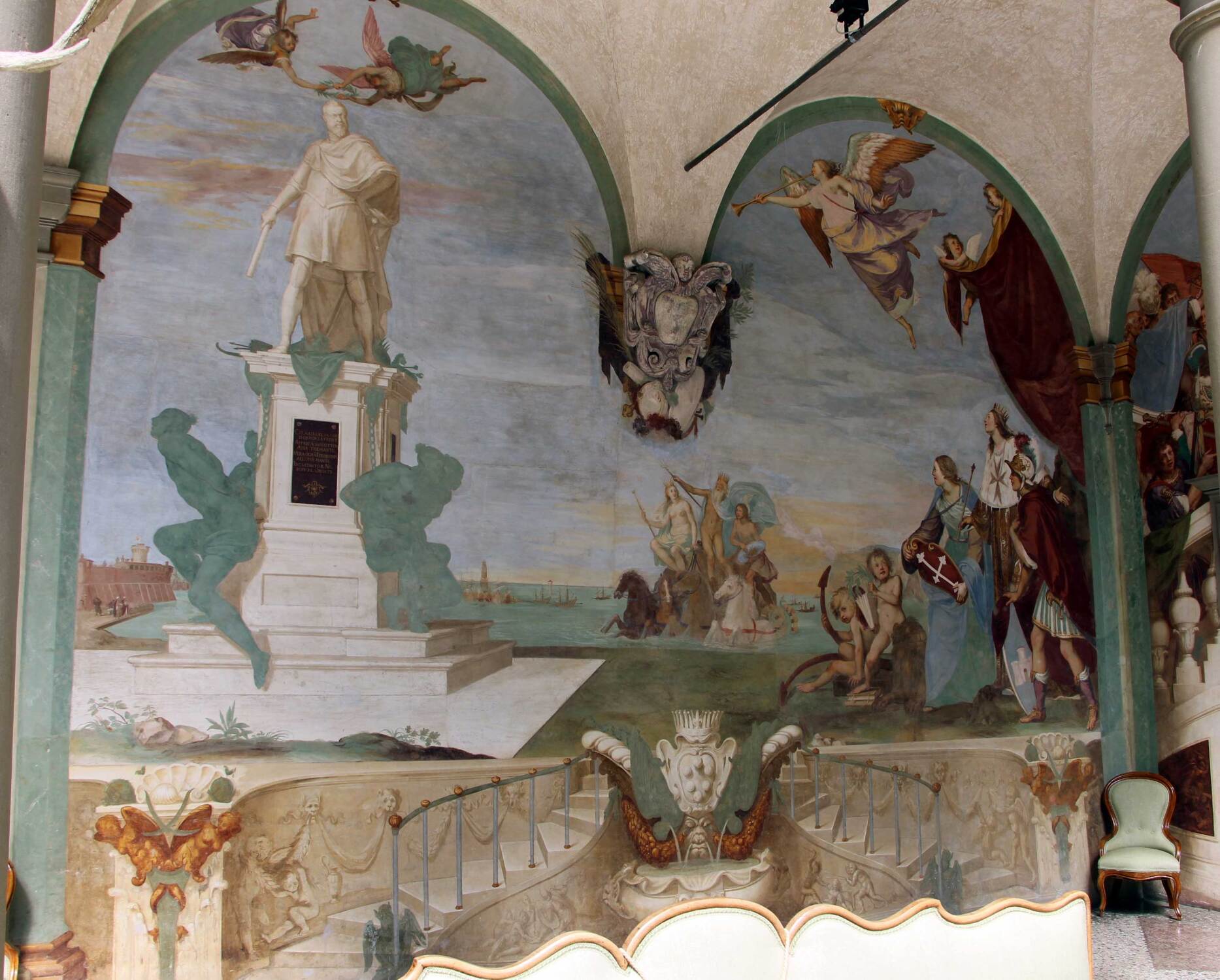 Fig. 10 Il Volterrano, Supremacy at sea of Tuscany, c. 1636–46. Detail of fresco in the courtyard at Villa La Petraia, Castello, Florence, showing fountain with grotesque mascaron and a figure wearing a helmet with a grotesque mask