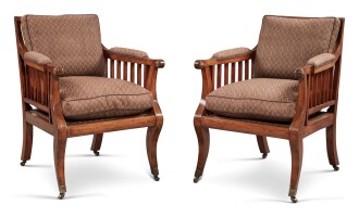 View 1 of Lot 158: A Pair of Regency Gilt Metal-Mounted and Brass-Inlaid Mahogany Bergeres, Circa 1810