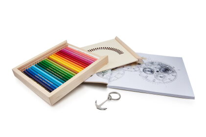 Catalog image of A commemorative set of coloured pencils, sketchbook and a Submariner anchor key…