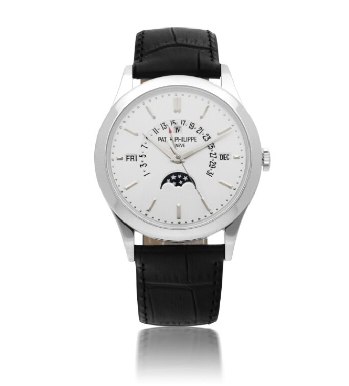 Patek Philippe Reference 5496P, platinum perpetual calendar wristwatch with retrograde date, moon phases, and leap-year indication, silvered dial, circa 2012.