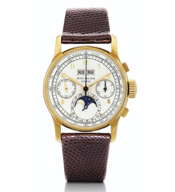 Patek Philippe Reference 1518, yellow gold perpetual calendar chronograph wristwatch with moon phases, 35.5 mm case, made in 1950.