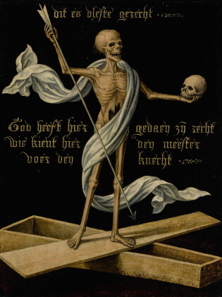 Catalog image of a skeleton standing on an open coffin holding a skull and an arrow, as an alleg…