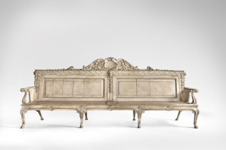 View 1 of Lot 11: A George II Gray-Painted Oak Hall Settee in the manner of William Kent, Circa 1740