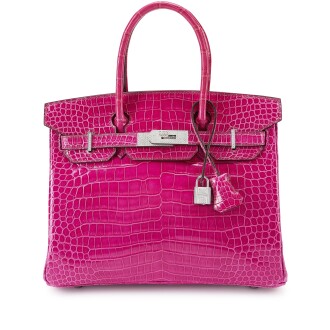View 1 of Lot 144: Fuchsia Shiny Porosus Crocodile Birkin 30 18K White Gold and Diamond Hardware, 2006