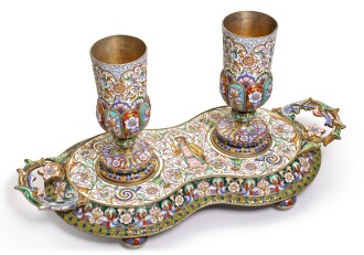 View 1 of Lot 149: A rare set of silver, cloisonné and pictorial enamel cups and salver, Feodor Rückert, Moscow, 1899-1908